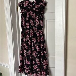 CeCe Black and Pink Floral Ruffled Smocked Waist Midi Dress